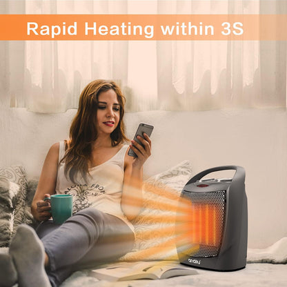 Compact Portable Ceramic Space Heater with Adjustable Comfort Control Thermostat, 3 Settings, Easy Handle, Great for Use in Home, Dorm, Office Desktop, and Kitchen, ETL for Safe (Grey)