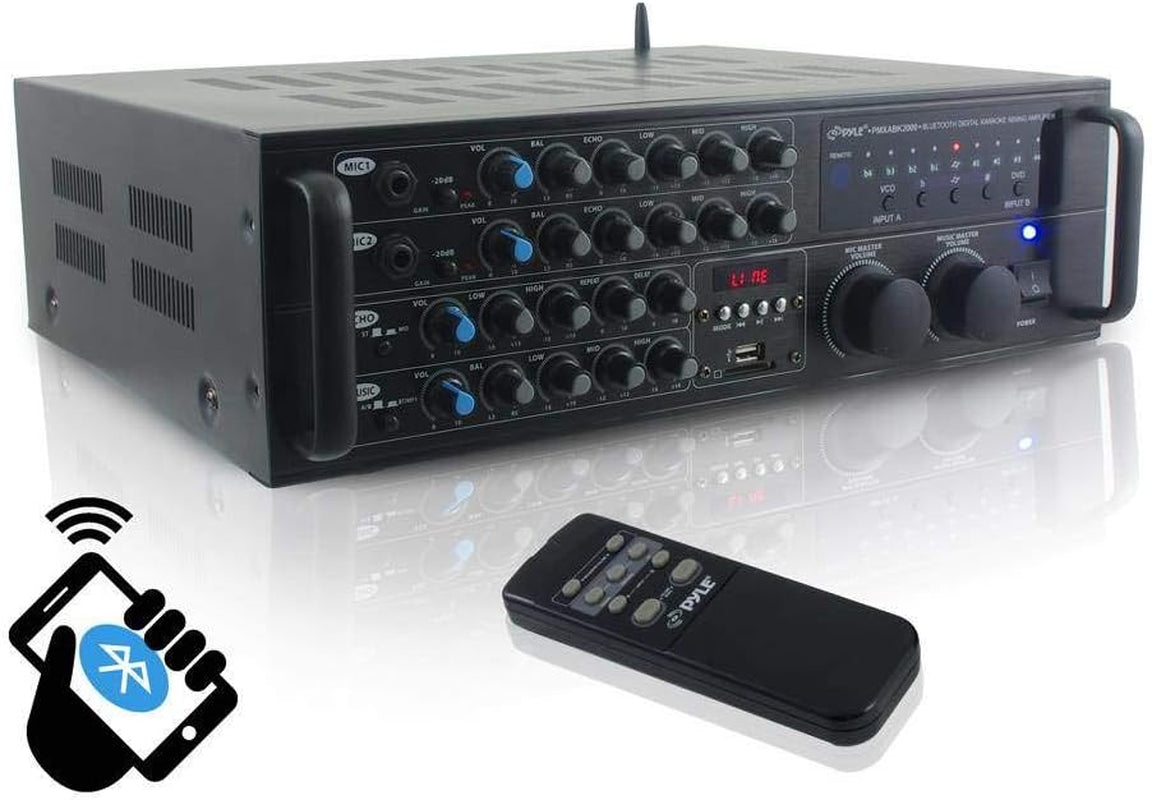 PMXAKB2000 - 2000 Watts (1000W + 1000W at 4 Ohms) DJ Karaoke Mixer and Amplifier with Built-In Bluetooth - 2 Microphone Inputs with Effects and EQ