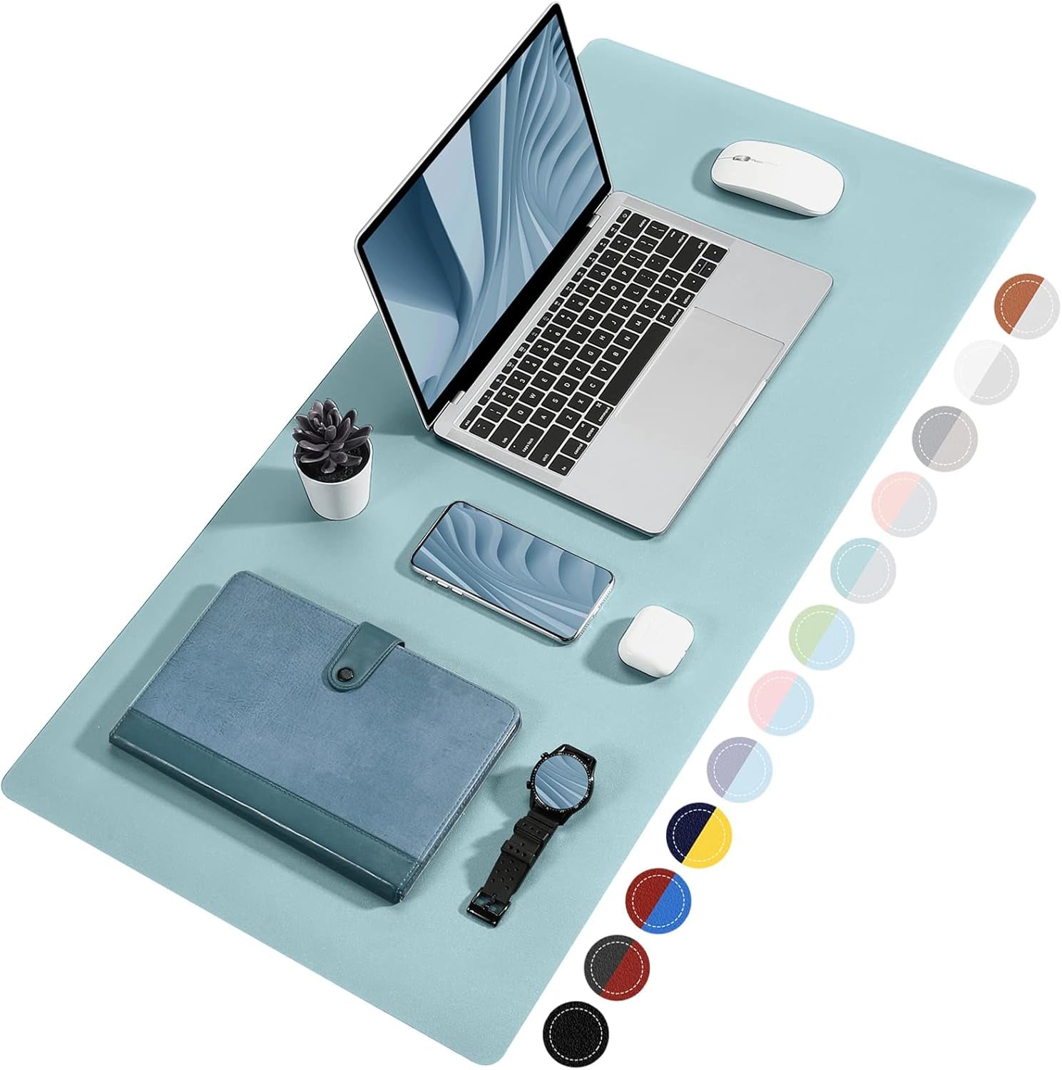 Dual Sided Desk Pad, Large Desk Mat, Waterproof Desk Blotter Protector Mouse Pad, Leather Desk Pad Large for Keyboard and Mouse (24" X 14", Blue/Silver)