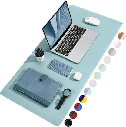 Dual Sided Desk Pad, Large Desk Mat, Waterproof Desk Blotter Protector Mouse Pad, Leather Desk Pad Large for Keyboard and Mouse (24" X 14", Blue/Silver)