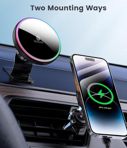 for Magsafe Car Mount Charger-15W Wireless Car Charger-Magnetic Car Phone Holder for Dash Air Vent-Led RGB Handsfree Car Mount Fast Car Charger for Iphone 14/13/12 Series