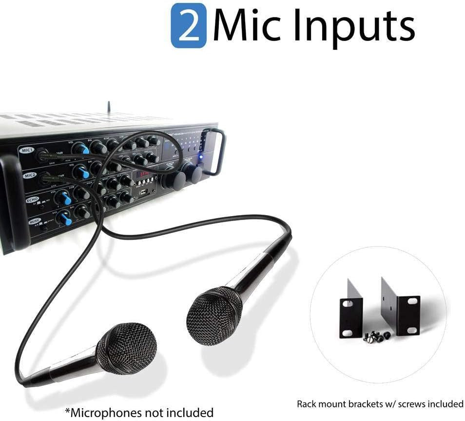PMXAKB2000 - 2000 Watts (1000W + 1000W at 4 Ohms) DJ Karaoke Mixer and Amplifier with Built-In Bluetooth - 2 Microphone Inputs with Effects and EQ