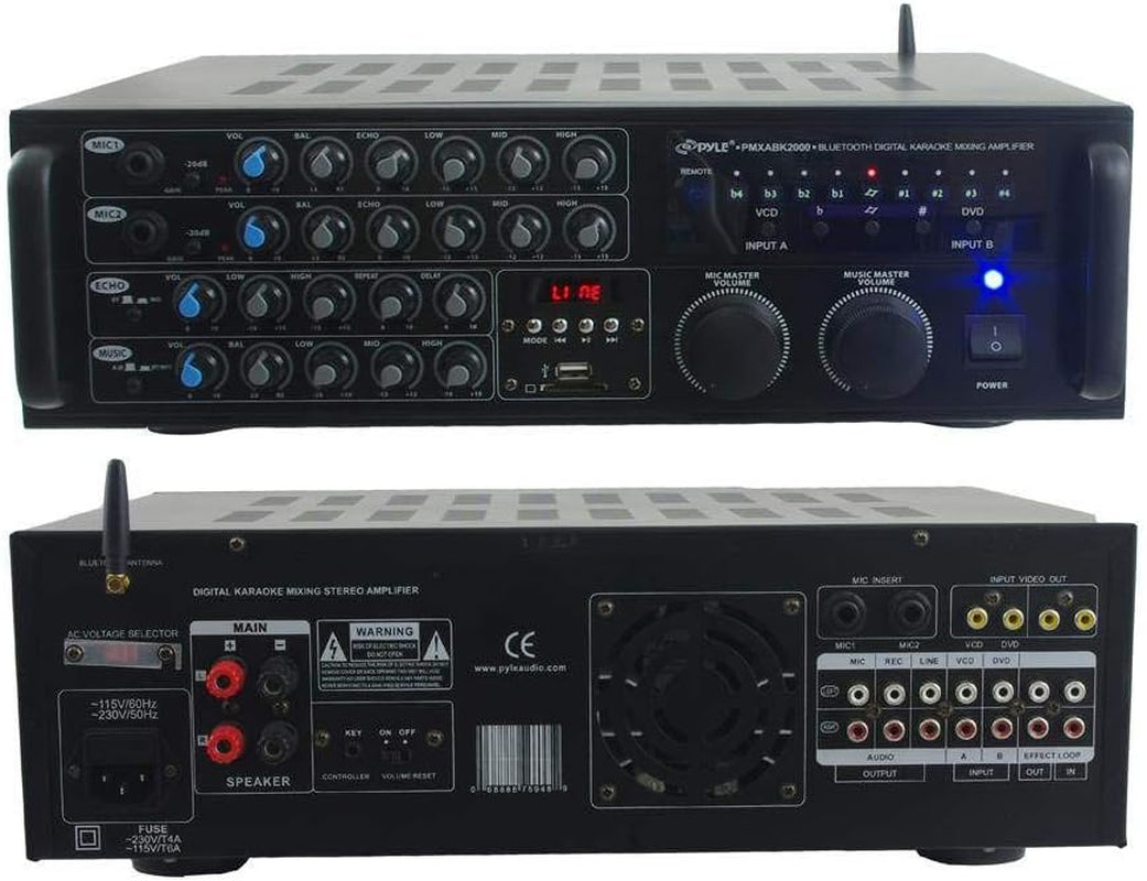 PMXAKB2000 - 2000 Watts (1000W + 1000W at 4 Ohms) DJ Karaoke Mixer and Amplifier with Built-In Bluetooth - 2 Microphone Inputs with Effects and EQ