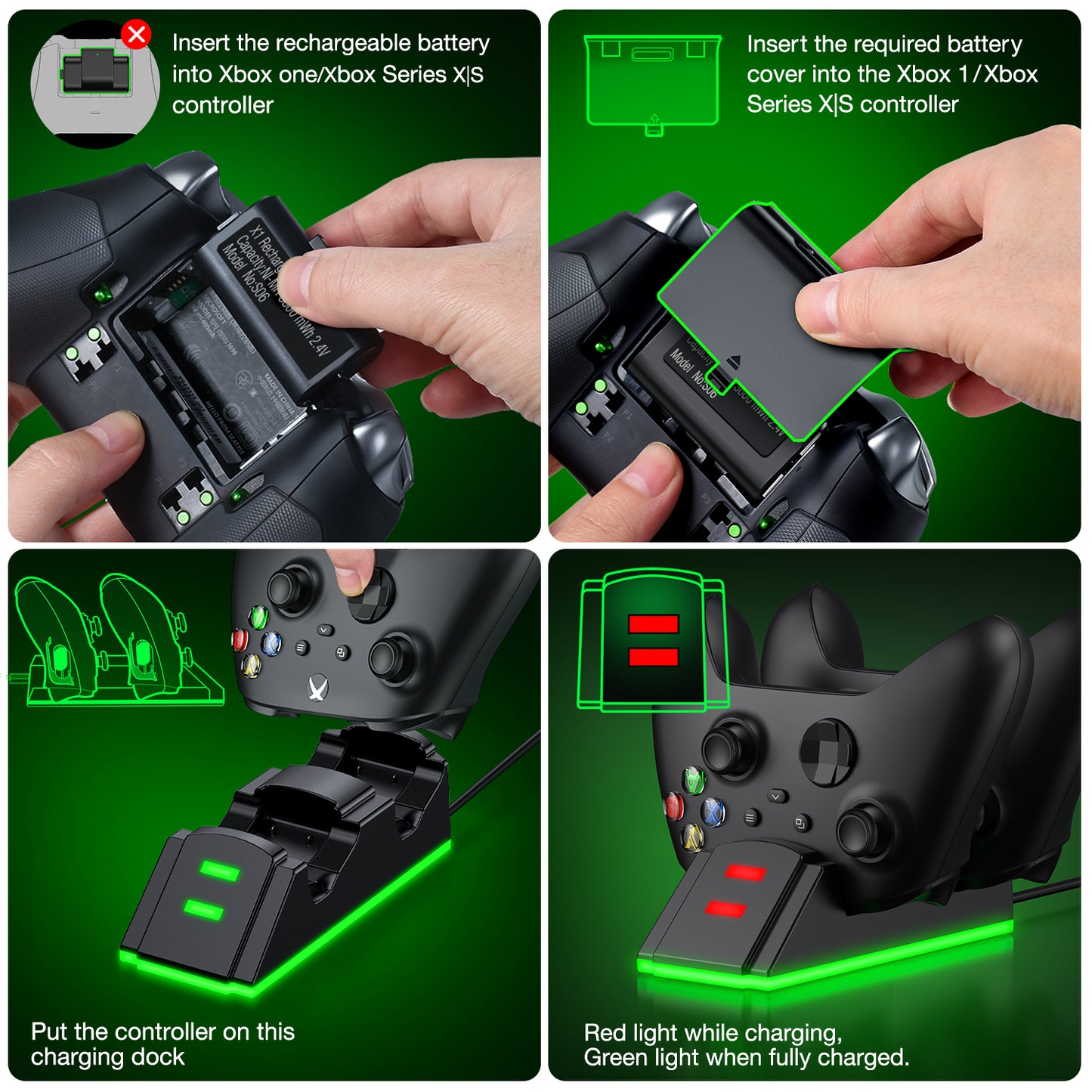 Xbox Controller Charger with 2 X 3600Mwh Rechargeable Battery Pack for Xbox Series X|S Controller