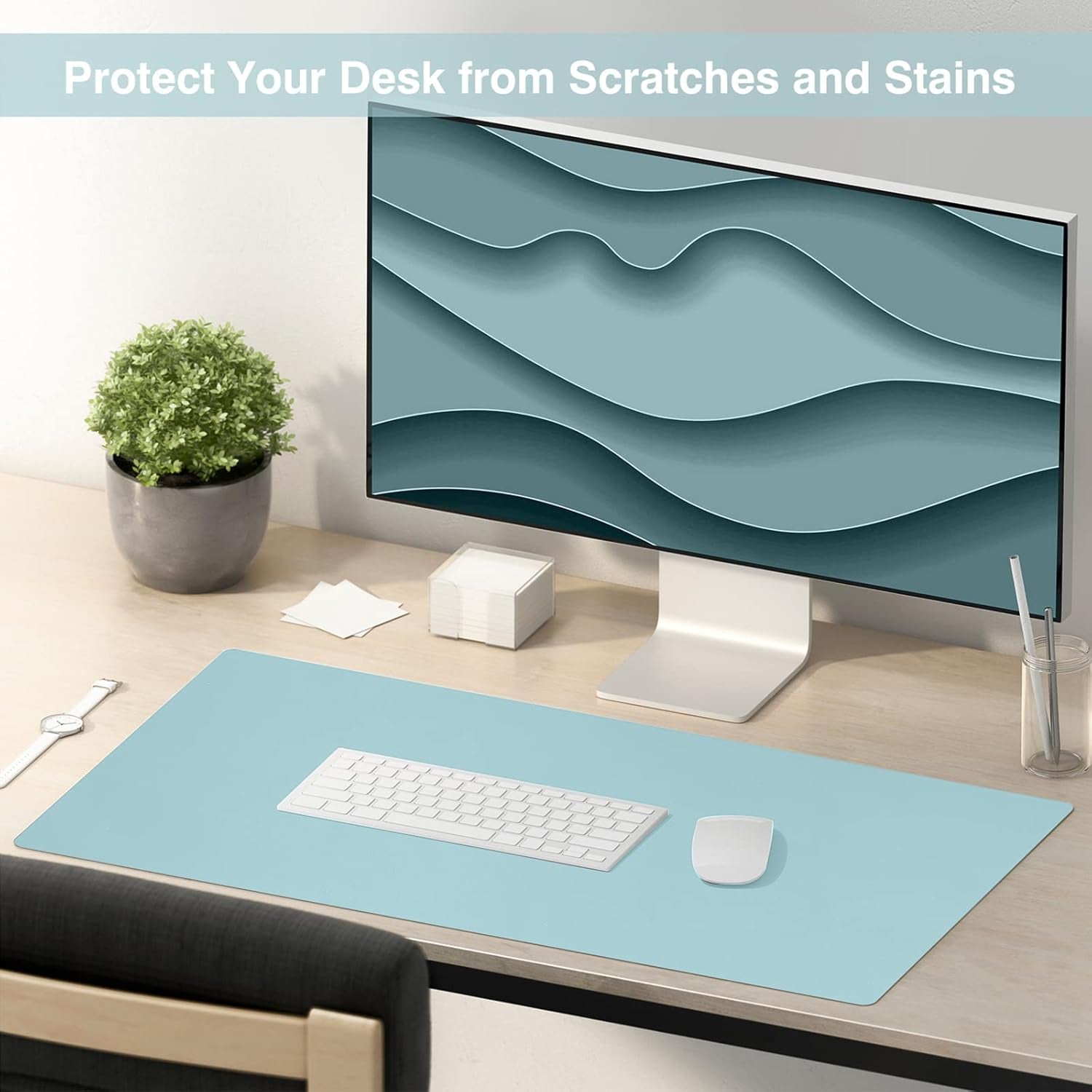 Dual Sided Desk Pad, Large Desk Mat, Waterproof Desk Blotter Protector Mouse Pad, Leather Desk Pad Large for Keyboard and Mouse (24" X 14", Blue/Silver)
